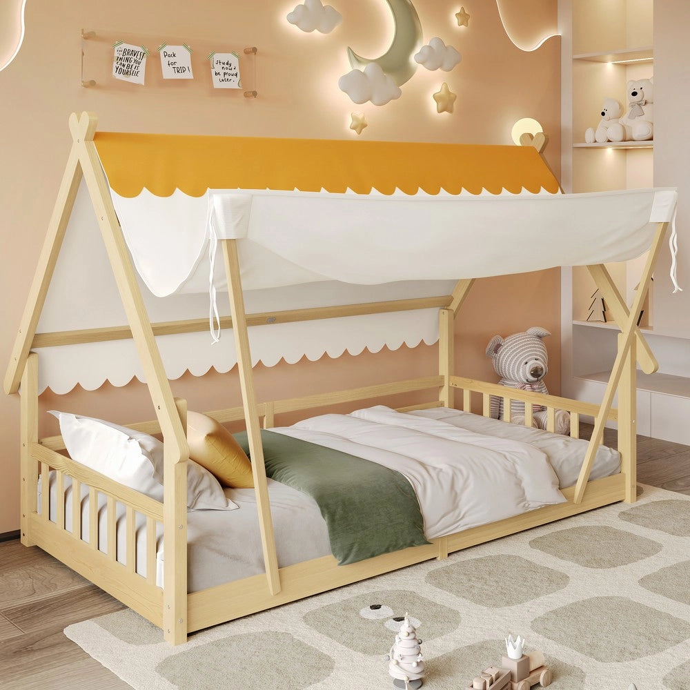 Letto Singolo per Bambini a Casetta ¨C MINIMAL ¨C Pino e Multistrato, 90x200, Naturale