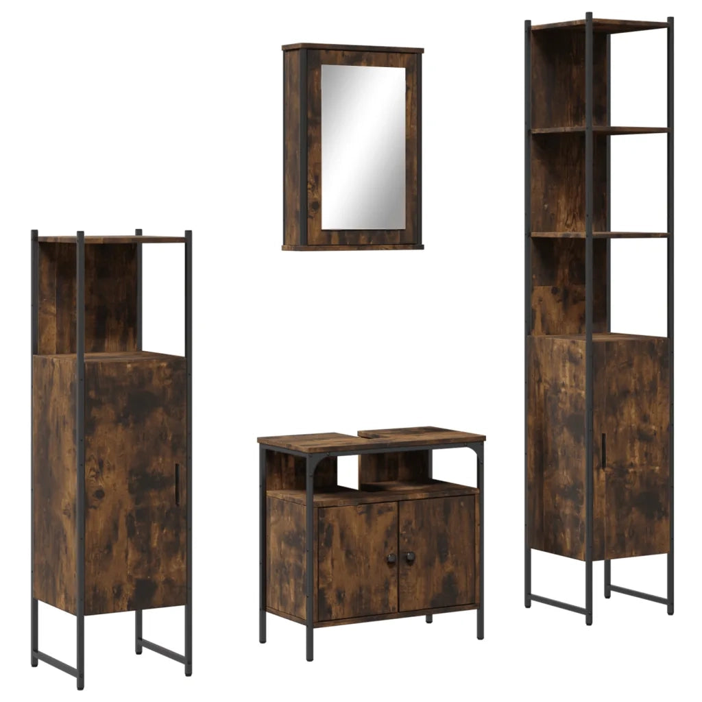 Set Mobili da Bagno | Armadio da bagno 4 pz Rovere Fumo in Legno Multistrato