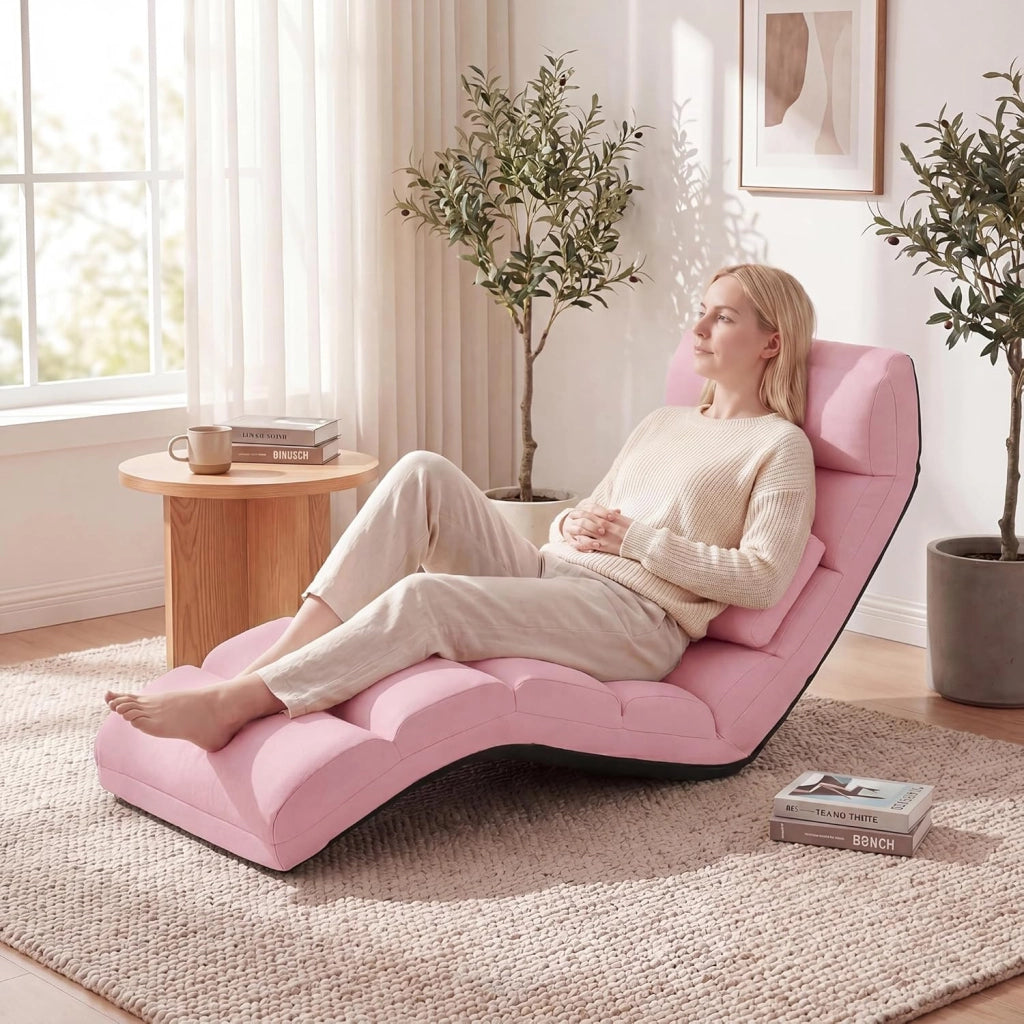 Poltrona Relax, Sedia Pieghevole da Pavimento, Divano Letto da Terra con Cuscino e Schienale Regolabile in 5 Posizioni, Sedia Imbottita Relax per Soggiorno, Camera da Letto (Rosa)