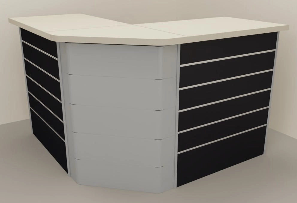 Composizione banco cassa angolare con pannello dogato per esposizione negozio abbigliamento cm. 156x156x106h