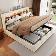 Letto matrimoniale imbottito 140x200 cm in velluto beige con LED; USB e contenitore idraulico