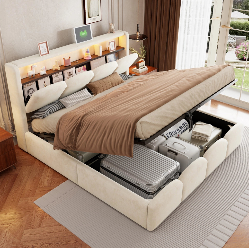 Letto matrimoniale imbottito 140x200 cm in velluto beige con LED; USB e contenitore idraulico