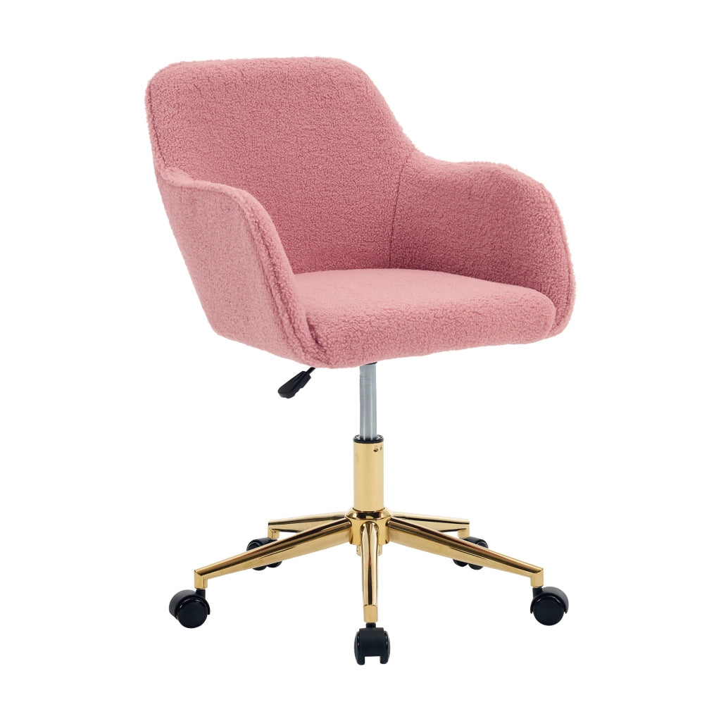 Sedia girevole da ufficio in tessuto Teddy rosa, altezza regolabile, base dorata, rotazione 360°