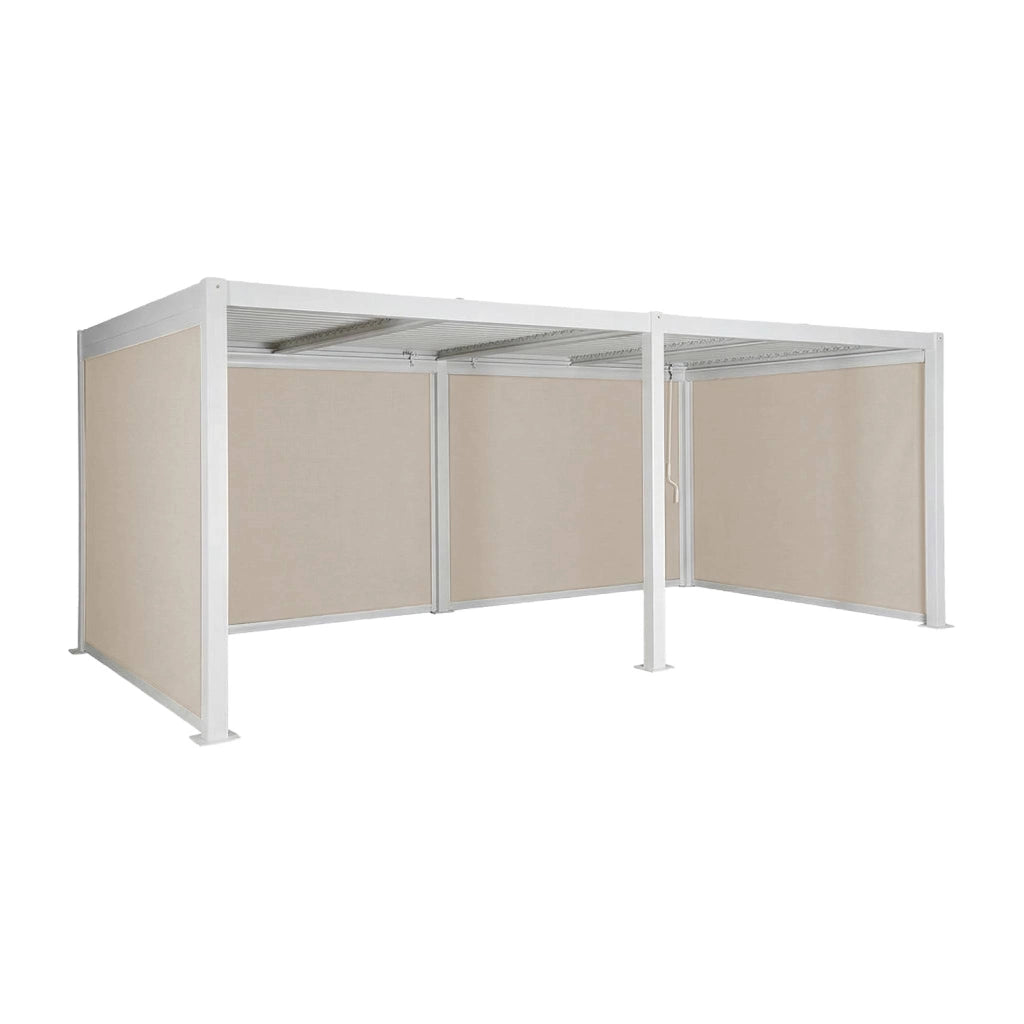 Pergola bioclimatica 3x6m in alluminio e acciaio + 4 tende 3m, bianco
