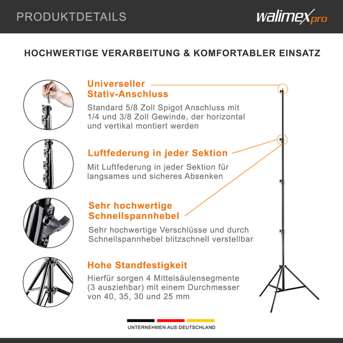 AIR 380 Deluxe Set 2 stativi per luci, altezza max 380 cm, cavalletto fotografico per flash con capacità di carico di 15 kg, treppiede per studi fotografici e outdoor