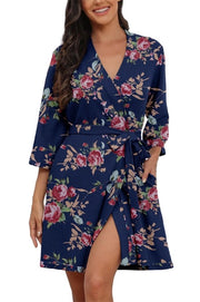 Kimono Casual Driekwart Mouw Badjas Dames Wafel Korte Kamerjas Loungewear (Rose Navy Blue, XL)
