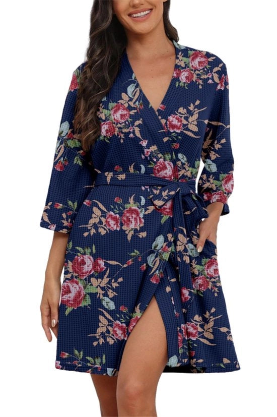 Kimono Casual Driekwart Mouw Badjas Dames Wafel Korte Kamerjas Loungewear (Rose Navy Blue, XL)