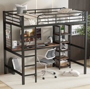 Letto a soppalco 90x200 cm con scrivania e vani portaoggetti in MDF e metallo nero e legno scuro