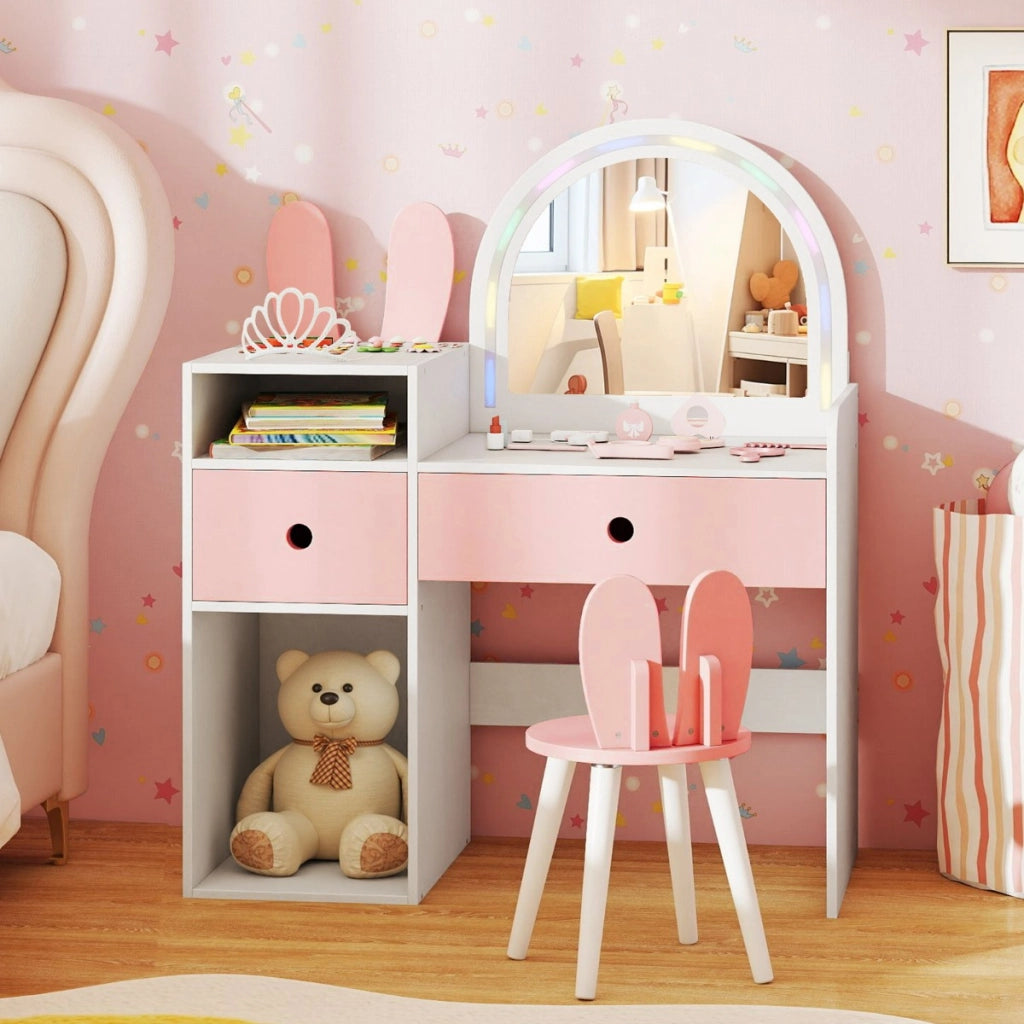 Tavolo da trucco principessa con specchio illuminato e cassetti, Scrivania con specchio e luci per bambini Bianco