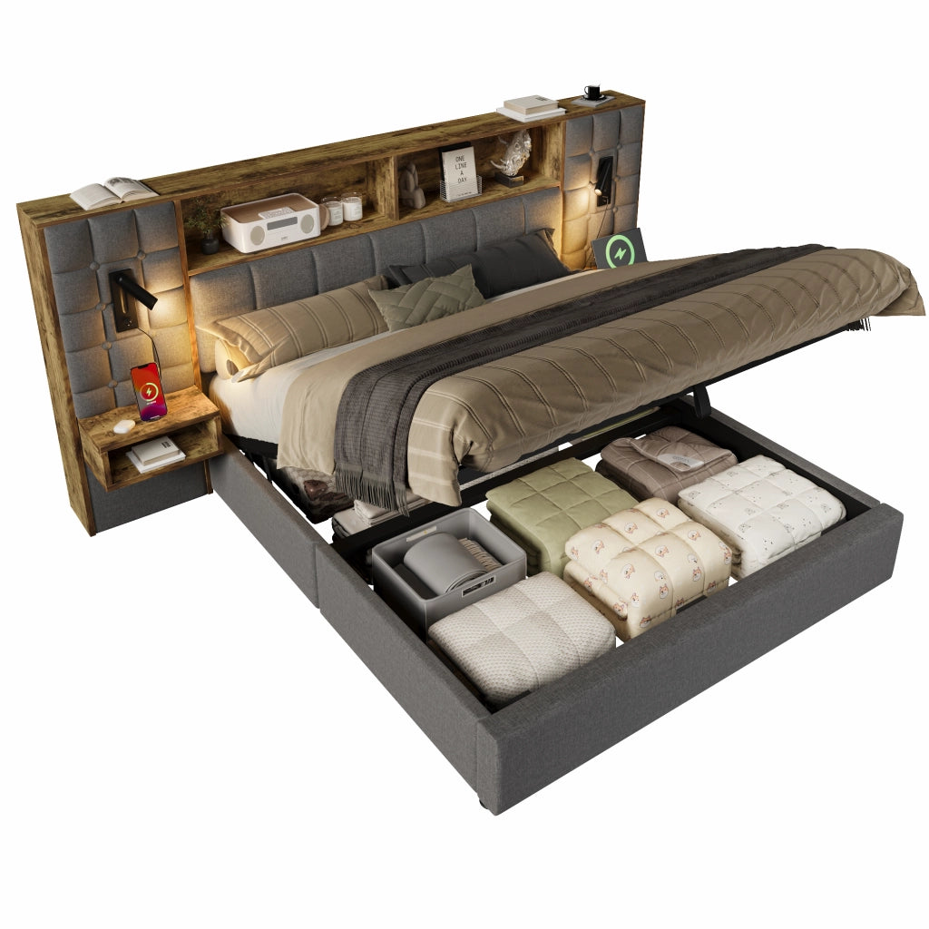 Letto imbottito con contenitore 180x200, LED, lampade da lettura, comodini integrati e porte USB/Type-C