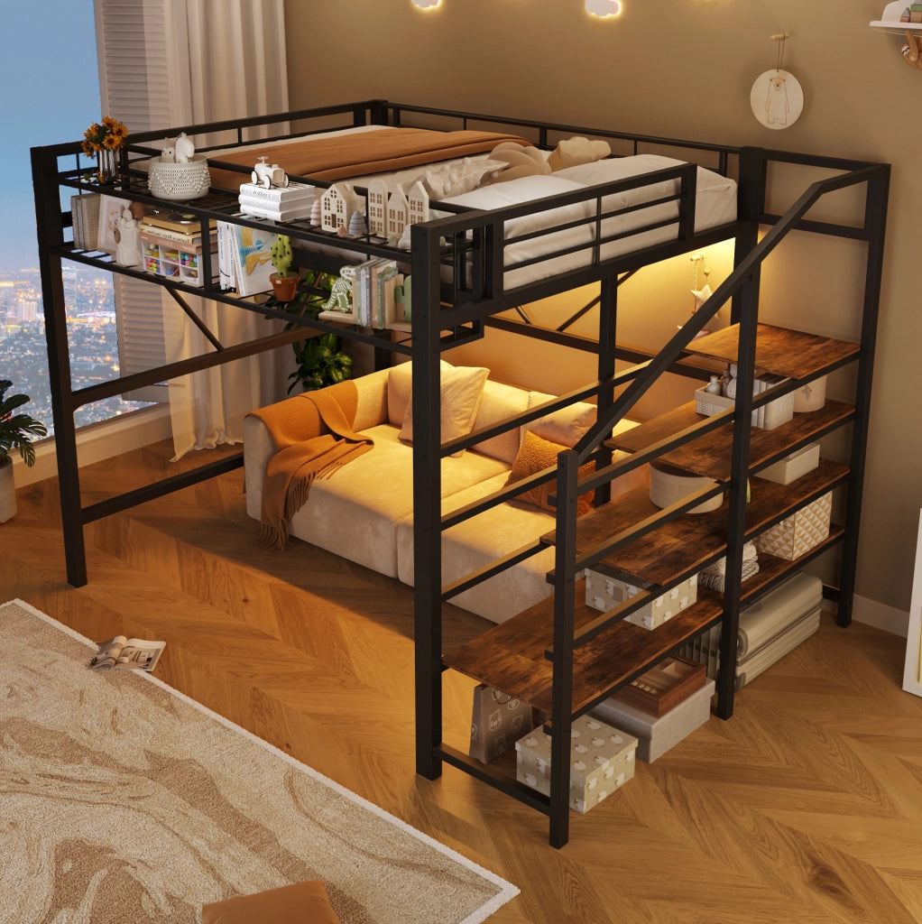 Letto a soppalco 140x200 cm in metallo nero con scala contenitore e LED
