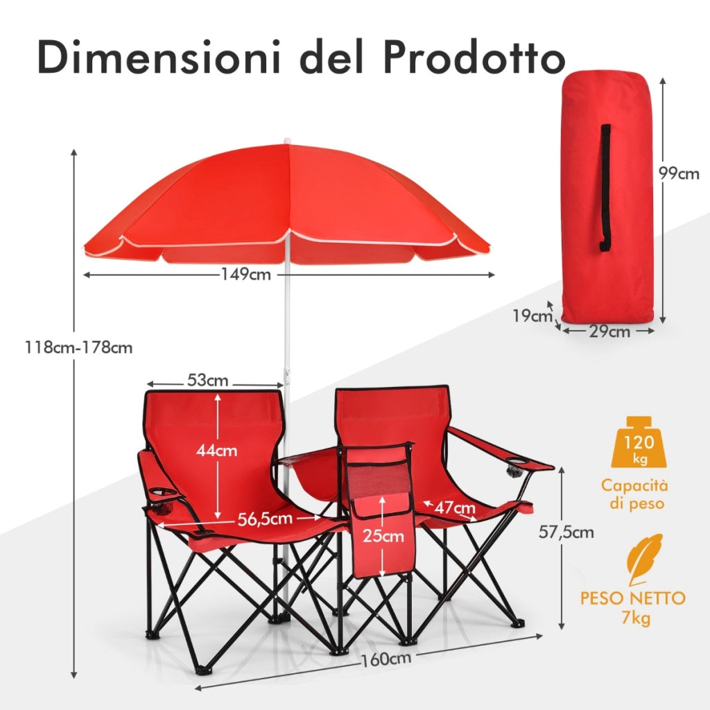 Sedia da picnic in acciaio portatile e pieghevole-Sedia da esterno con ombrellone mini tavolo porta bevande Rosso