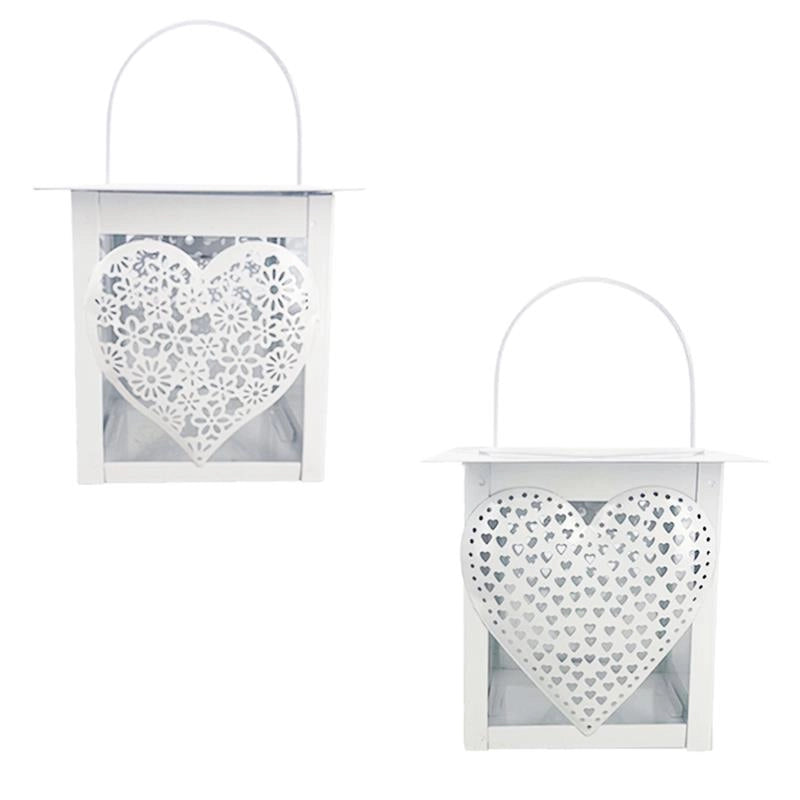 SET 2 LANTERNE PORTACANDELA BIANCA CON MOTIVO A CUORE 12X24H CM IN FANTASIA ASSORTITA