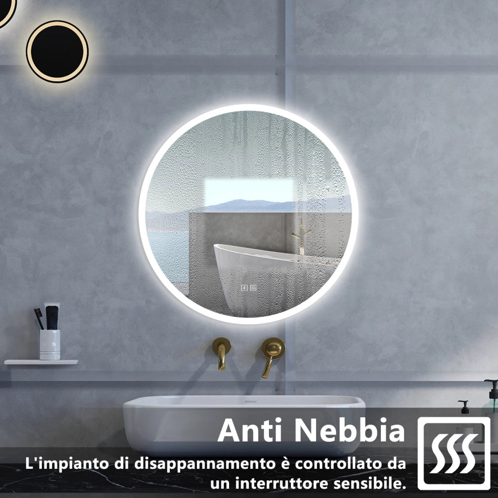 Specchio da bagno Rotondo con 80cm,Blue tooth,3 colori,Memoria, Antifog,Regorabile,Retroilluminato,doppio interruttore,