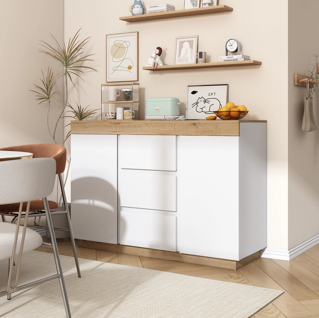 Comò classico bianco e rovere con 3 cassetti e 2 ante