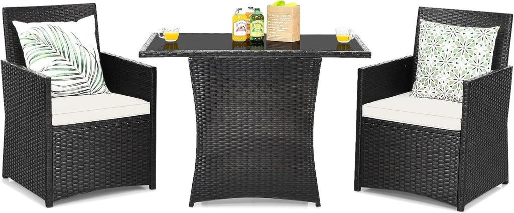 Set di Mobili da Giardino in Rattan,Tavolo da Pranzo con 2 Sedie, Set di Mobili da Balcone in Rattan per 2 Persone, Set da Balcone Salvaspazio