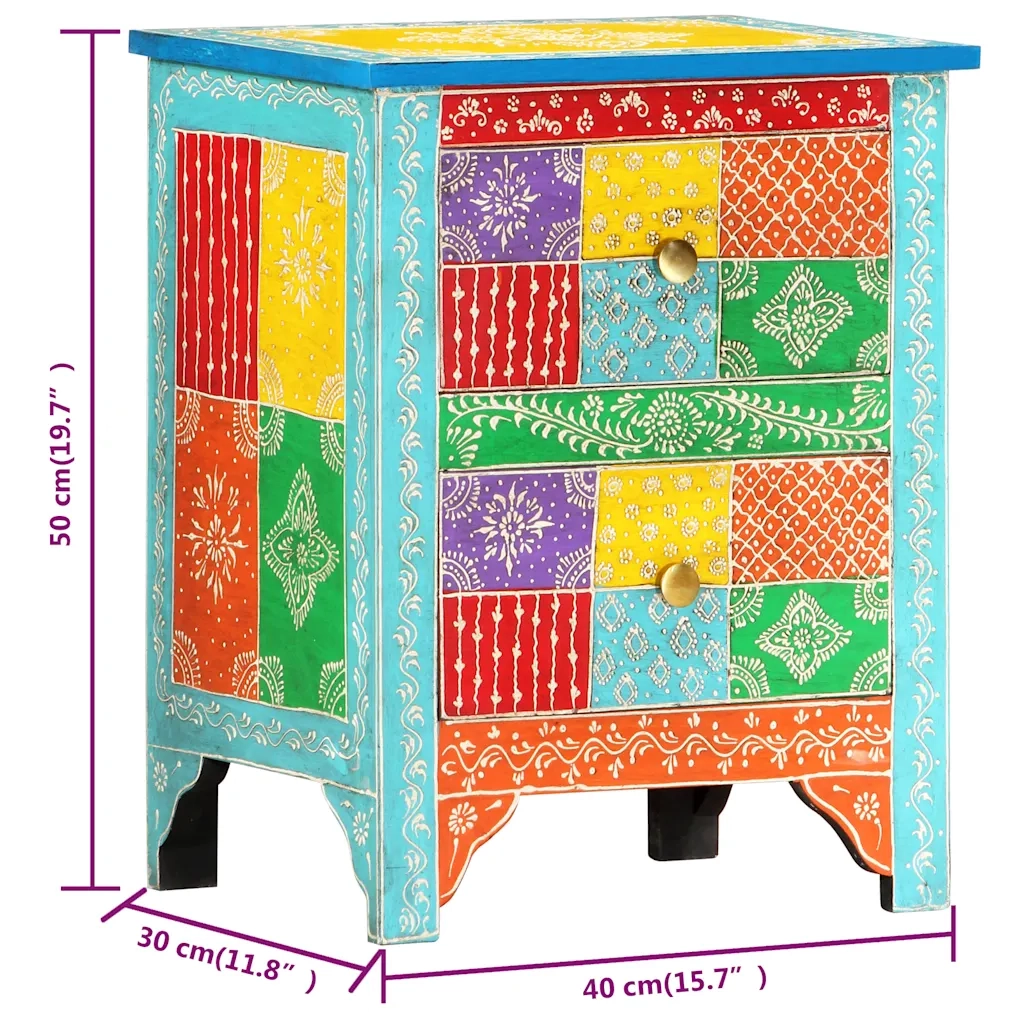 Comodino Dipinto a Mano-Tavolino da notte 40x30x50 cm in Legno Massello di Mango 635972