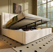 Letto matrimoniale imbottito 160x200 cm in lino beige con contenitore; USB e portabicchieri