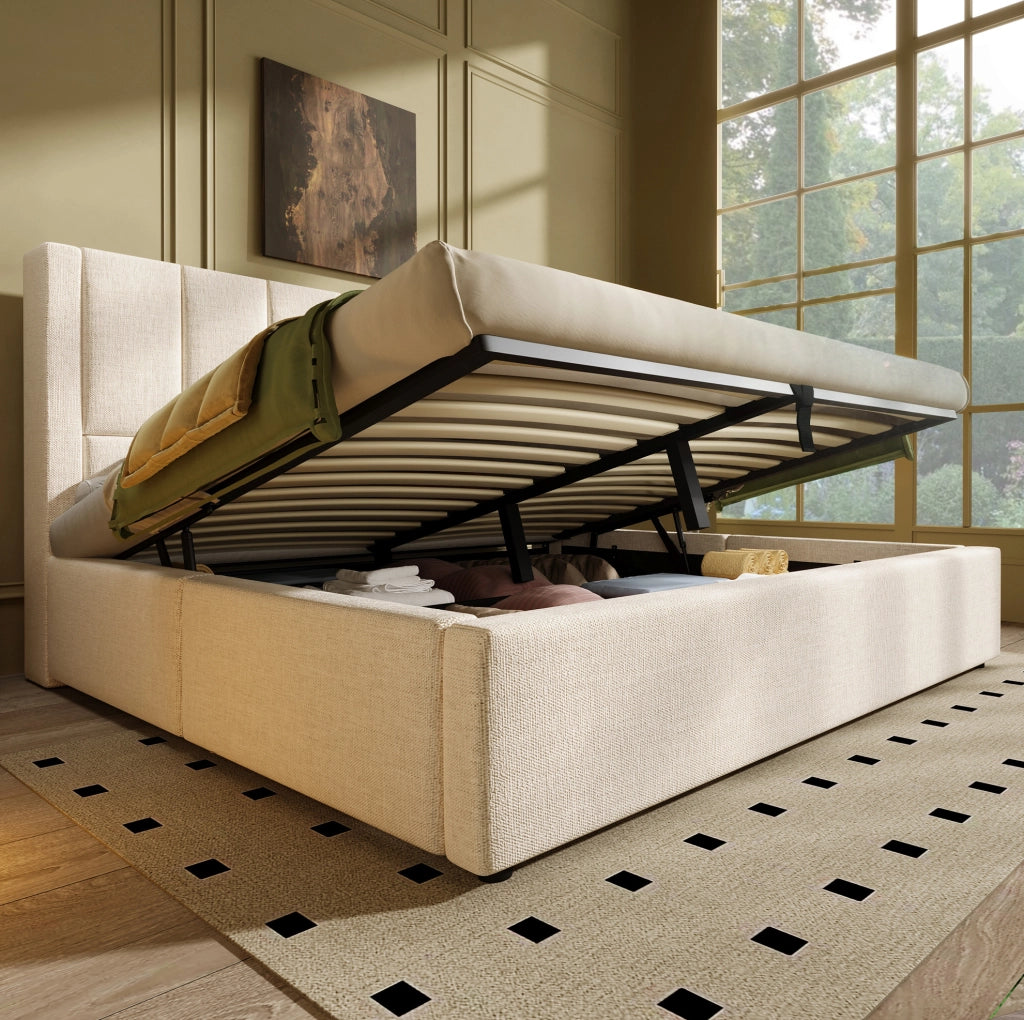 Letto matrimoniale imbottito 160x200 cm in lino beige con contenitore; USB e portabicchieri