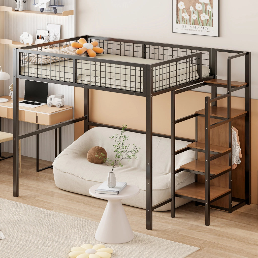 OKWISH Letto a Soppalco 140×200 cm, Letto Matrimoniale con Scala, Mensole e Armadio, senza Materasso, in Metallo, Nero