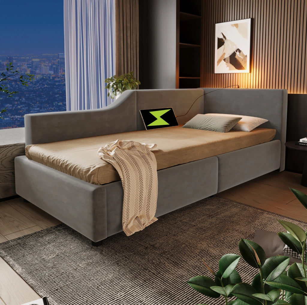 Daybed imbottito 90x200 cm in velluto grigio con vano contenitore, luce e USB-C