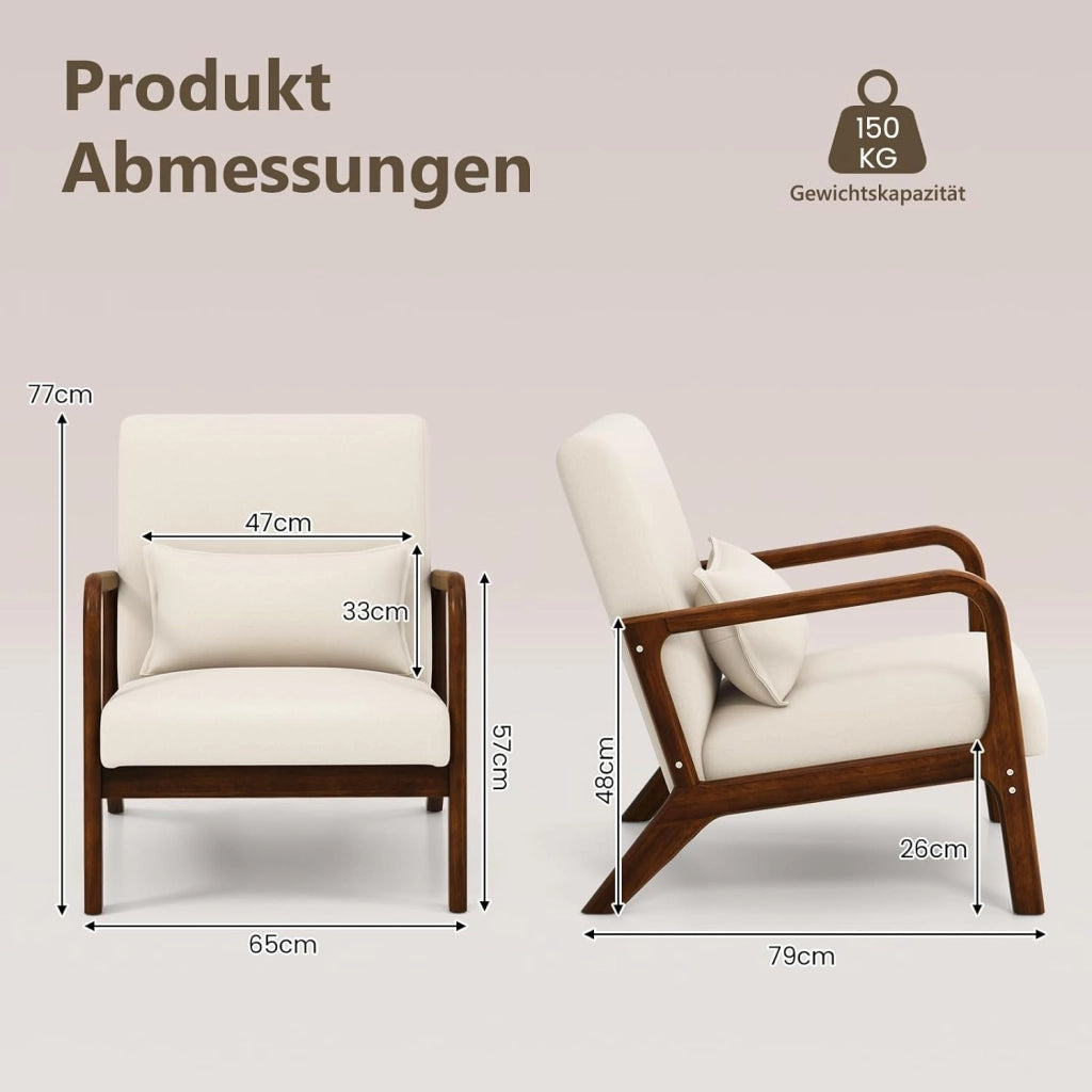 Mid Century Accent Chair, sedia interna per il tempo libero con seduta e schienale imbottiti, poltrona imbottita in legno con cuscino lombare, poltrona lounge per camera da letto (beige)