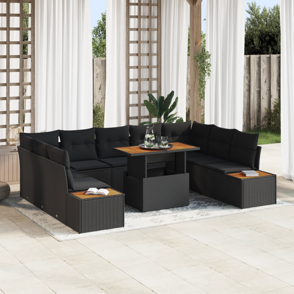 Set da Pranzo per Giardino da 10 Pezzi con Cuscini Nero Rattan Polivalente Acacia