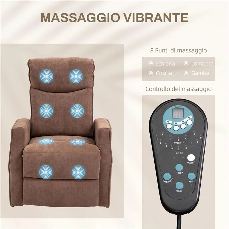 POLTRONA RELAX ALZAPERSONA CON 8 PUNTI MASSAGGIO, RECLINAZIONE A 135¦ E 2 TELECOMANDI, MARRONE