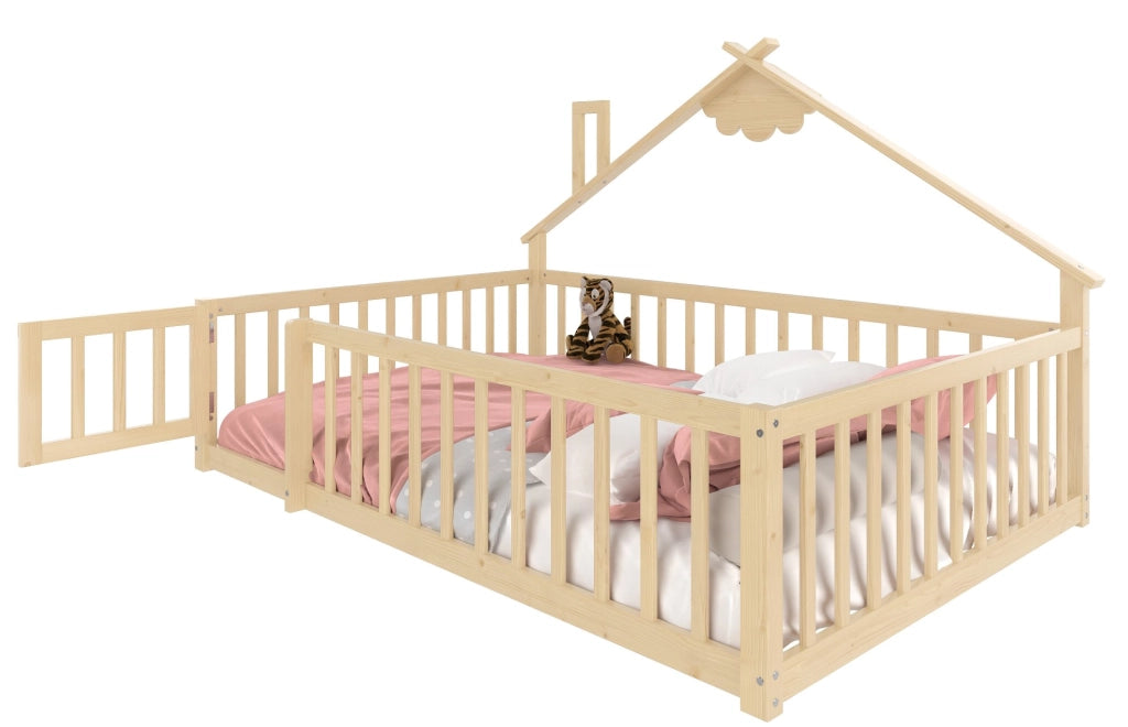 Letto per bambini a casetta 90x190 cm con sponda di sicurezza; in legno di pino naturale
