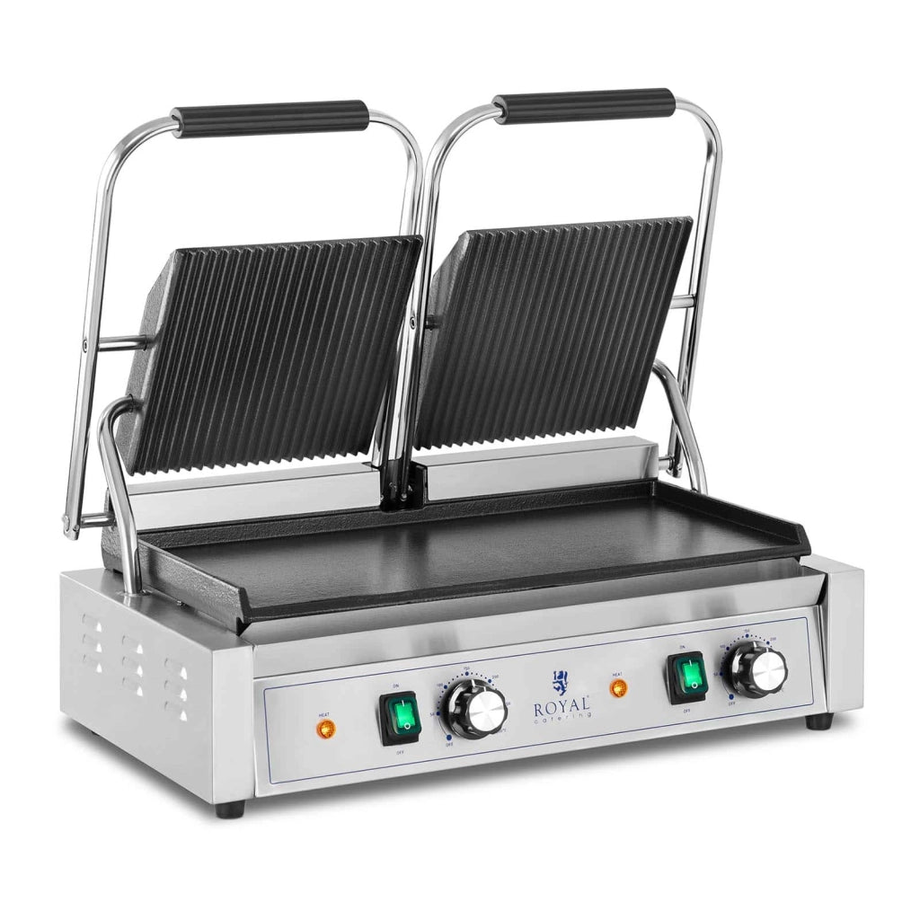 Doppia piastra per panini tostapane con lati scanalati e lisci 3600 watt 50-300°C con raccogligrasso in acciaio inox costruzione professionale in ghisa 14_0004005