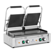 Doppia piastra per panini tostapane con lati scanalati e lisci 3600 watt 50-300°C con raccogligrasso in acciaio inox costruzione professionale in ghisa 14_0004005