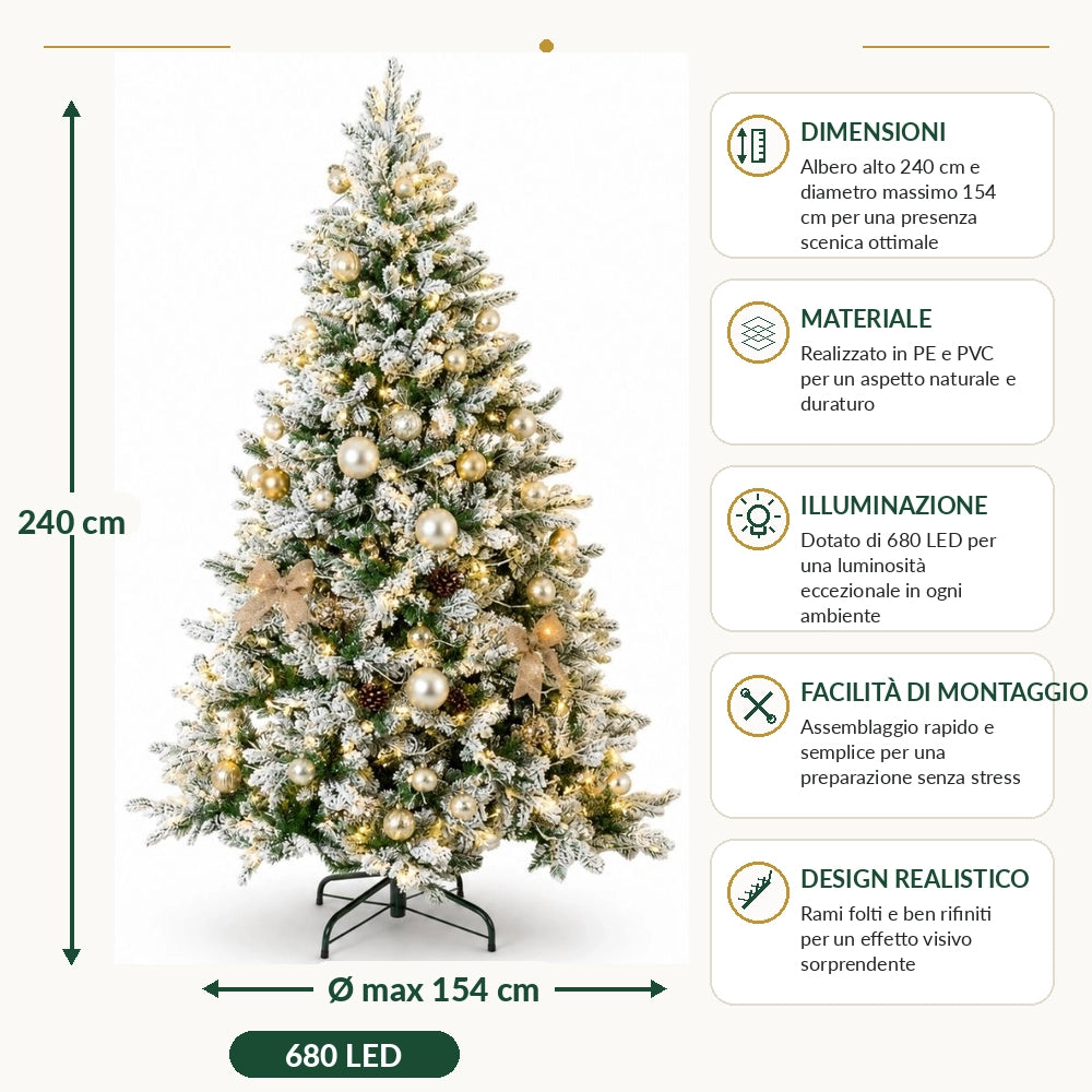 Albero di natale artico 240 cm innevato con luci integrate fortunato