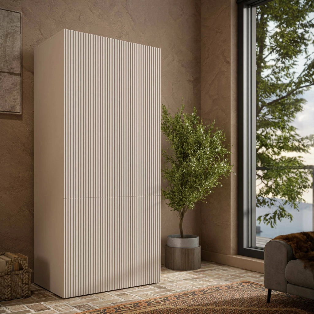 Guardaroba 2 ante Caiazzo, Mobile camera da letto, Cabina armadio portabiti, Armadio appendiabiti, 90x56 h199 cm, Beige