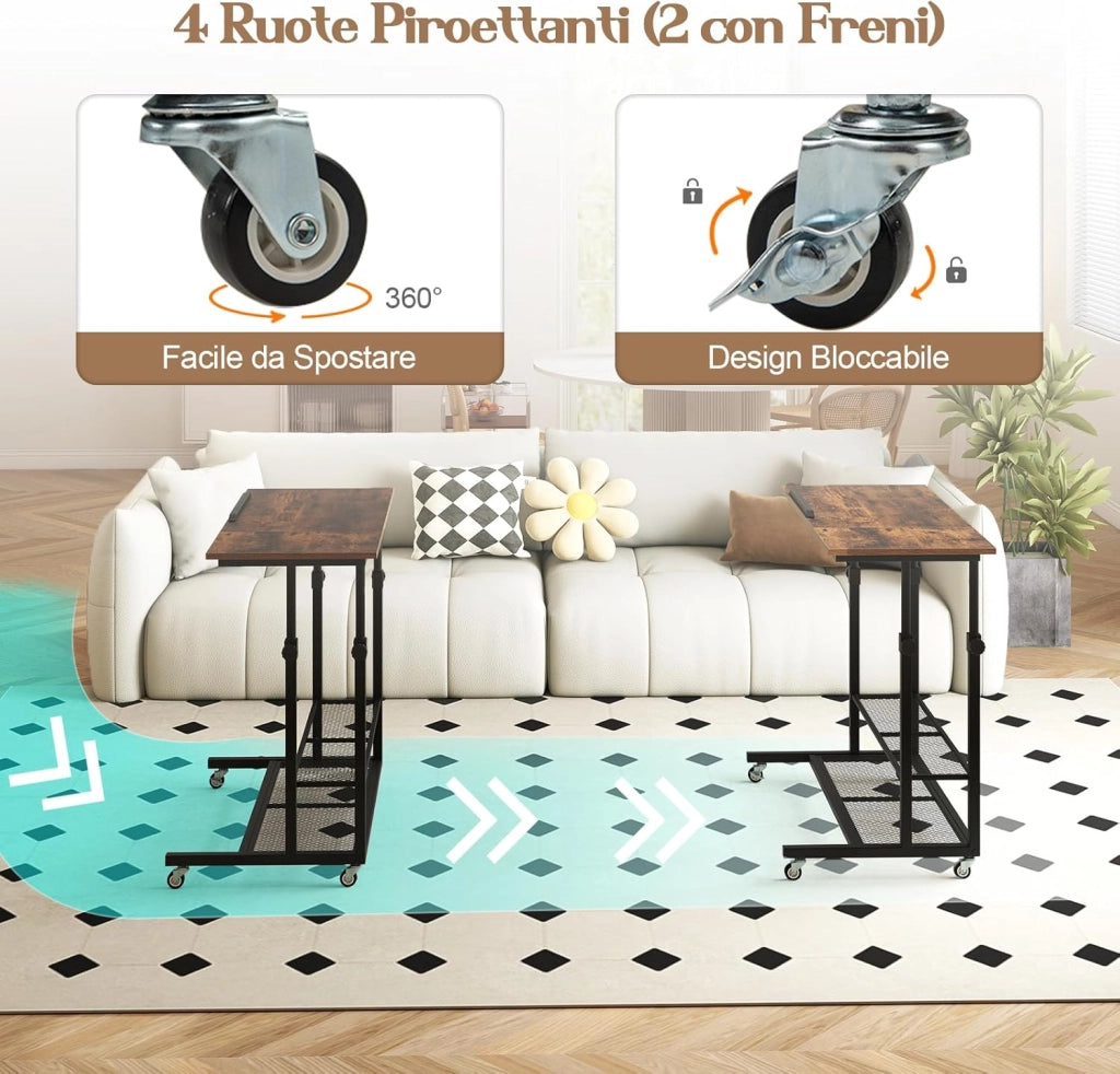Tavolino da Divano e Letto, Tavolo Regolabile in Altezza con Ruote Bloccabili, Piano Inclinabile e Mensole Portaoggetti, Mobile Versatile per Salotto, Camera da Letto