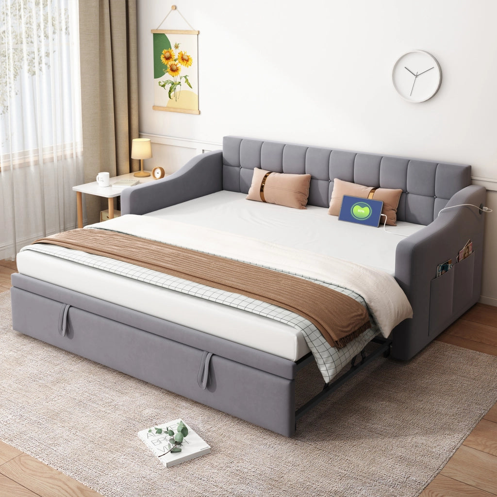 OKWISH Letto Estraibile 2 Posti, Letto Singolo con USB e Tasca Portaoggetti, 90×190 cm e 180×190 cm, senza Materasso, Velluto Grigio