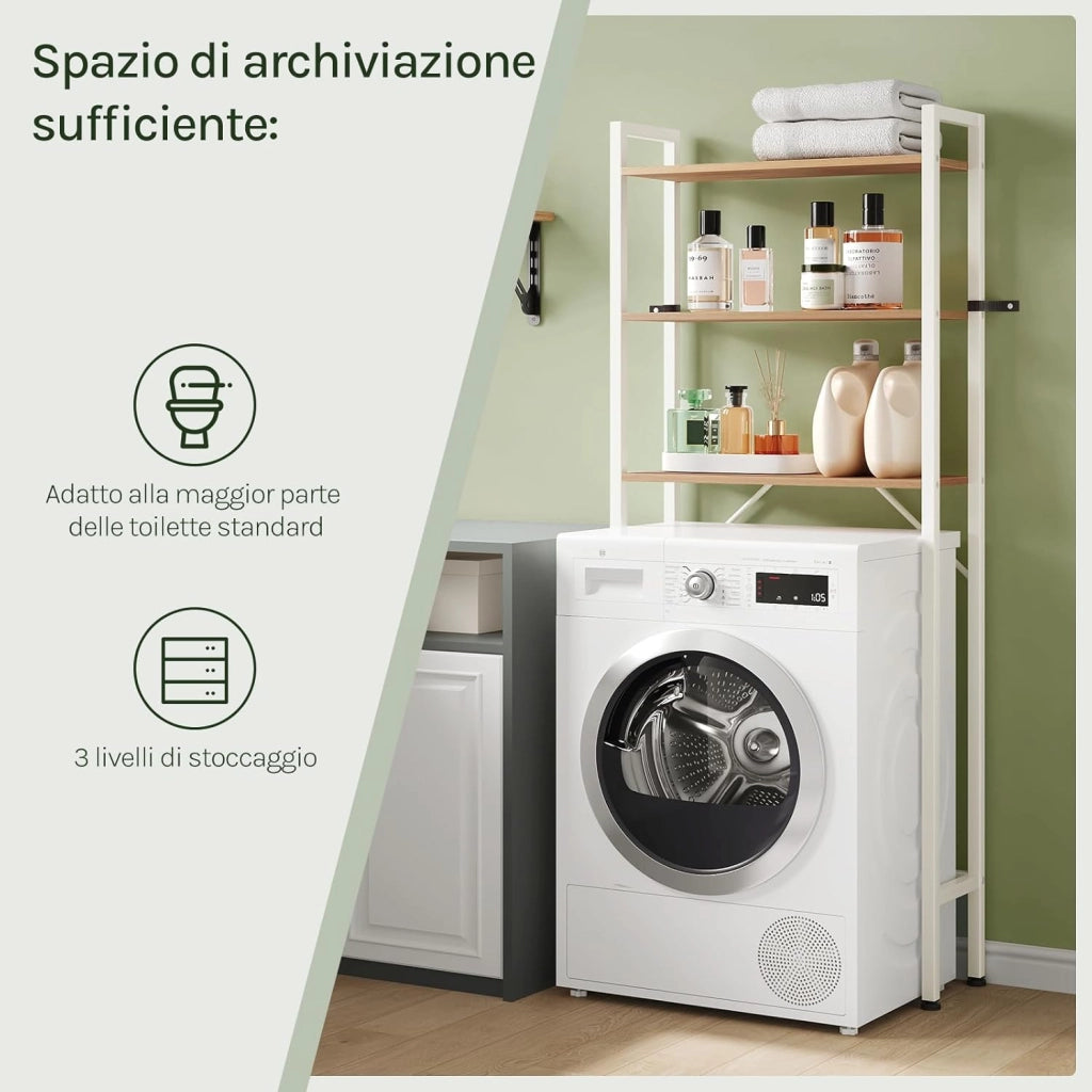 Mobile Sopra Lavatrice a 3 Ripiani, Scaffale Coprilavatrice Salvaspazio, Organizer da Bagno Portaoggetti, Mobiletto Sopra WC in Legno e Metallo, Rovere Chiaro e Bianco, 67x20x164cm