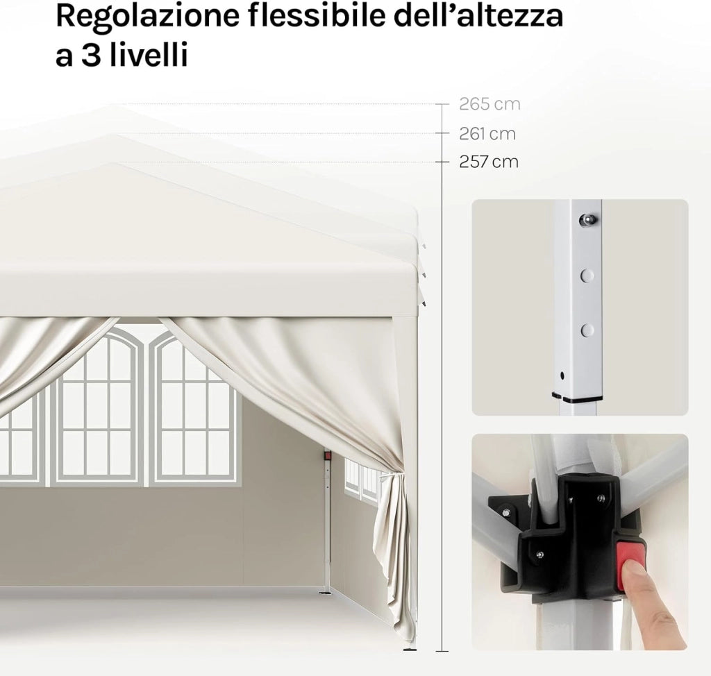 Gazebo Esterno Resistente 3x6 m, Tendone da Giardino con 6 Pareti Rimovibili, Sistema Pop-Up, Altezza Regolabile, Borsa da Trasporto, per Campeggio, Festa, Matrimonio, Beige