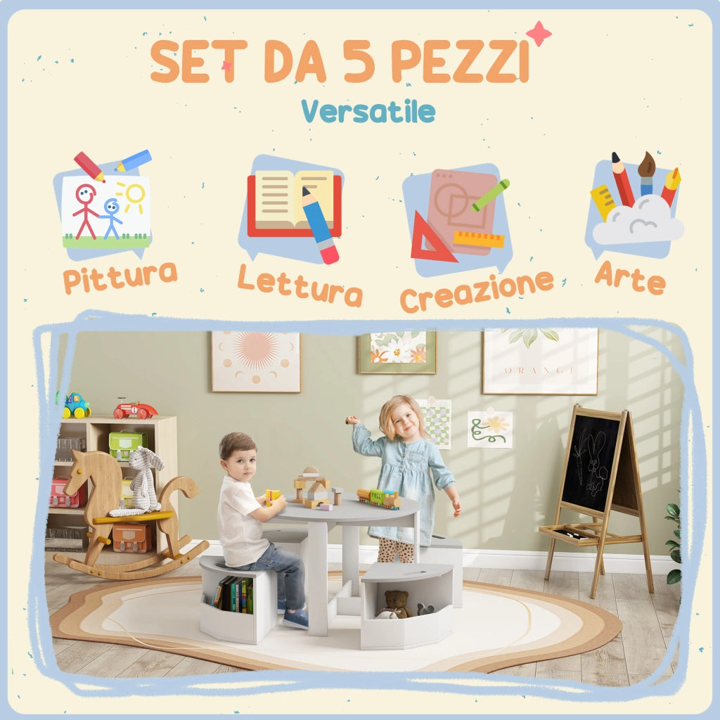 Tavolo Bambini con 4 Sgabelli Salvaspazio ¨C zephmum ¨C Legno, Grigio
