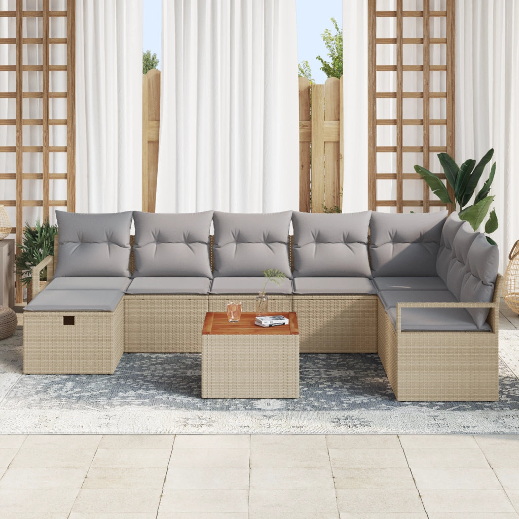 Set di divano da giardino  9 pezzi con cuscini beige polyrattan