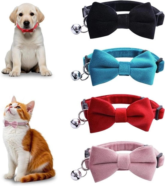 Set di 4 collari per gatti in flanella con campanello e coda - Collari per gatti a breakaway regolabili - Strumento per gatti - Per maggiore sicurezza