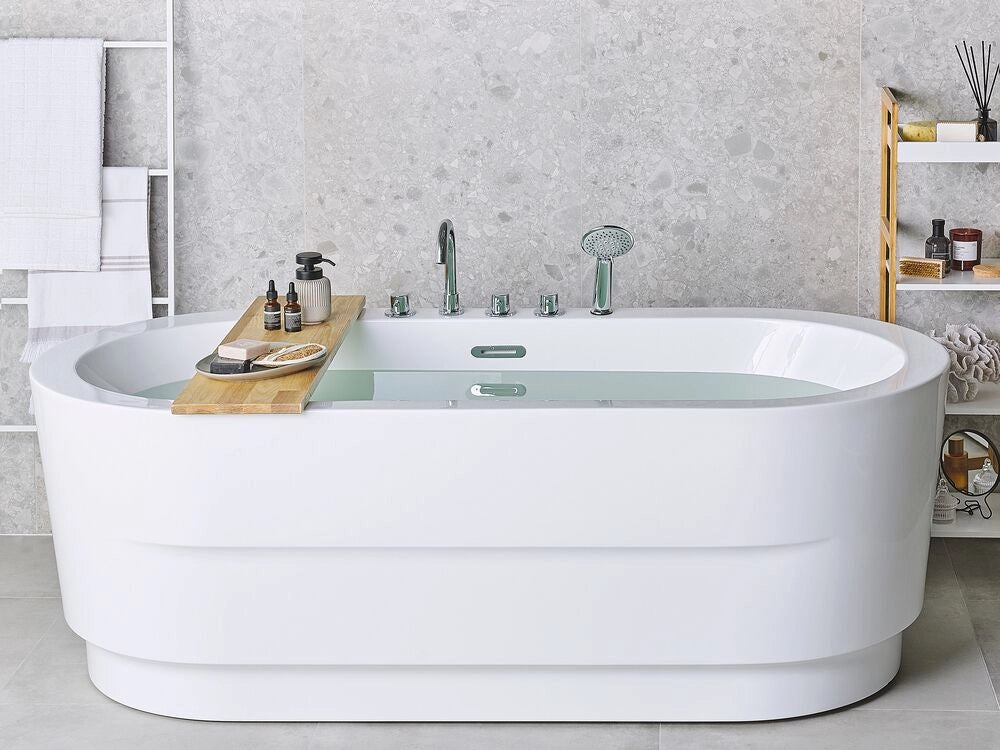 Vasca da bagno freestanding bianco sanitario acrilico ovale singolo 170 x 80 cm con infissi design moderno minimalista