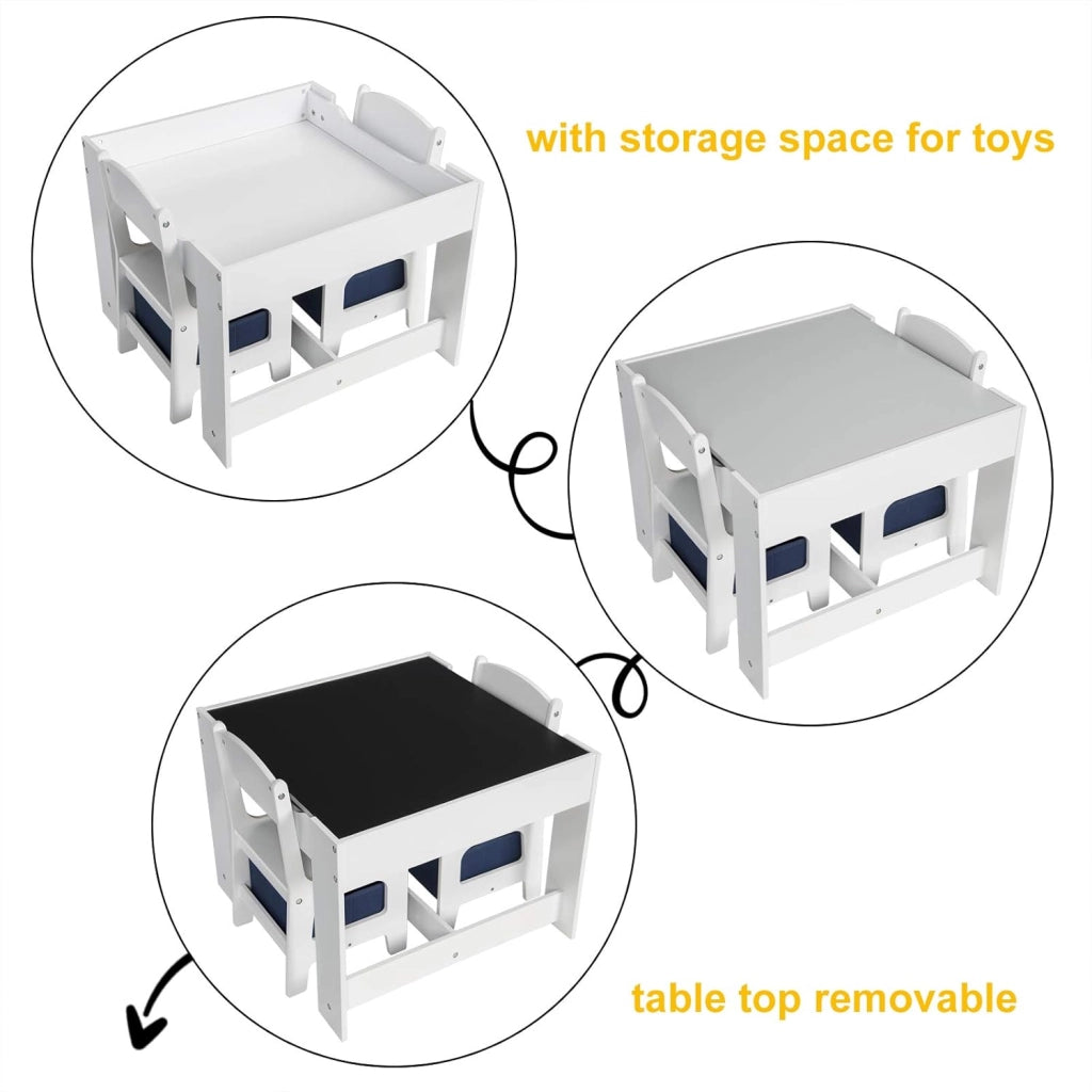 Set di Tavolo e Sedie di Prima Infanzia Quadrato con Lavagna da Giocare 3 in 1 Mobili Scrivania Versatile per Cameretta Sala Regalo Creativo per Bimbi 2-6 Anni Colore Bianco e Grigio