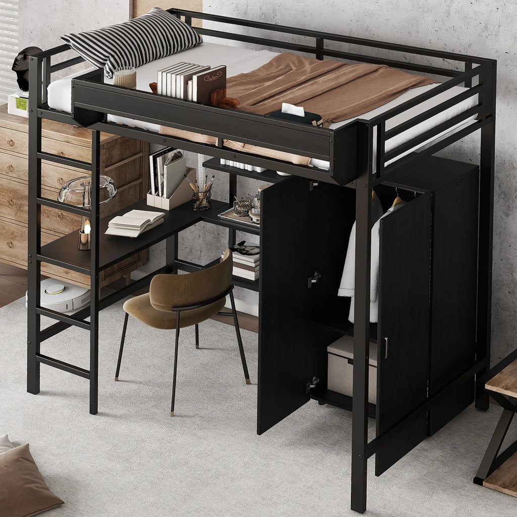 LETTO a castello 90x200 cm Nero in metallo e legno con tavolo e armadio
