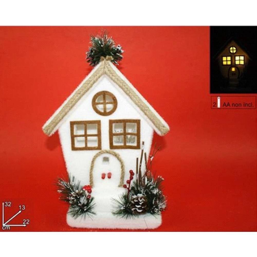 Trade Shop - Casetta Con Rametti Bacche E Pigne Con Luce A Pile 32cm Decorazioni Natalizie -