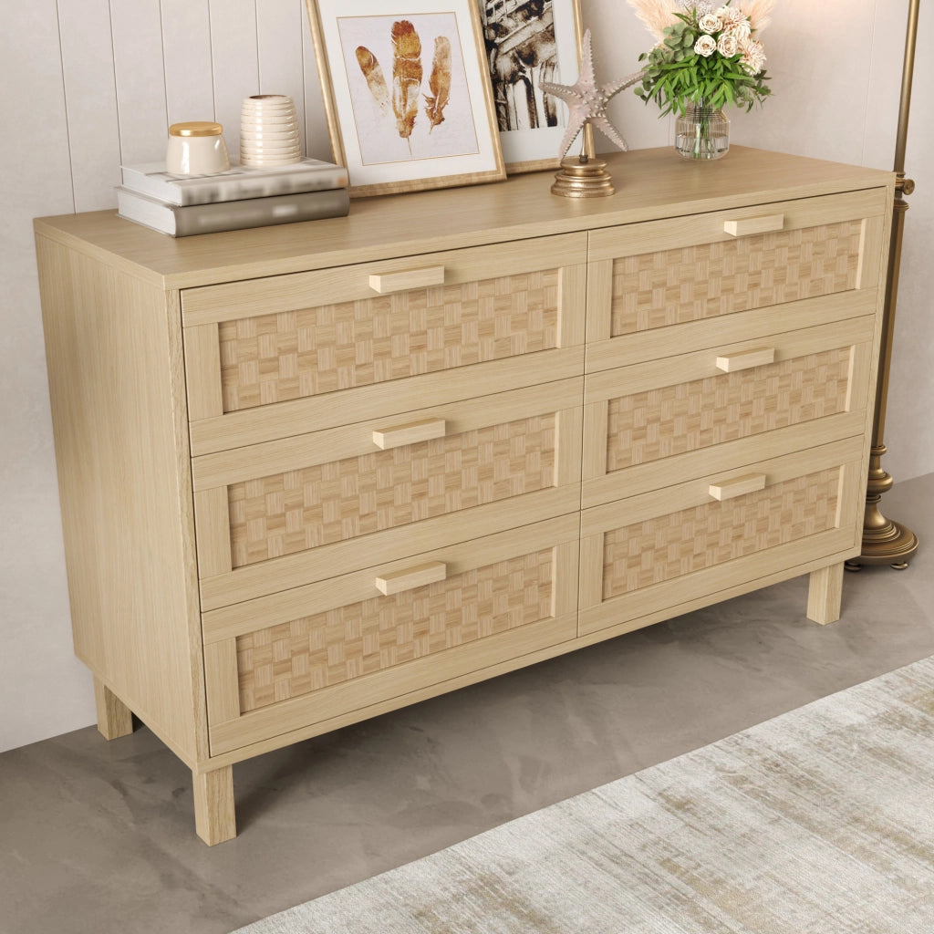 Credenza con 6 Cassetti; Frontali Effetto Rattan; Stile Naturale; in Pannello di Truciolare; 120??40??75 cm; Naturale