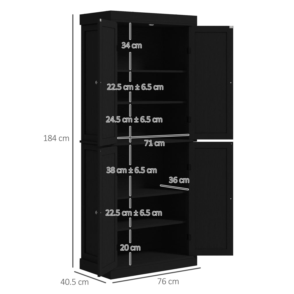Mobile da Cucina Alto Credenza 76x40,5x184 cm con 6 Ripiani Regolabili e 4 Ante in Legno Nero