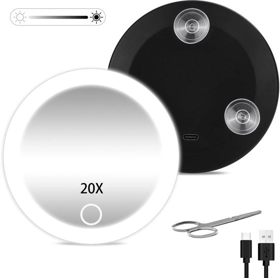 Specchio di ingrandimento 20x con illuminazione, 10,16 cm specchio di trucco portatile con 3 ingranaggi, specchio di ingrandimento del trucco con illuminazione, funzione di regolazione della luminosità.