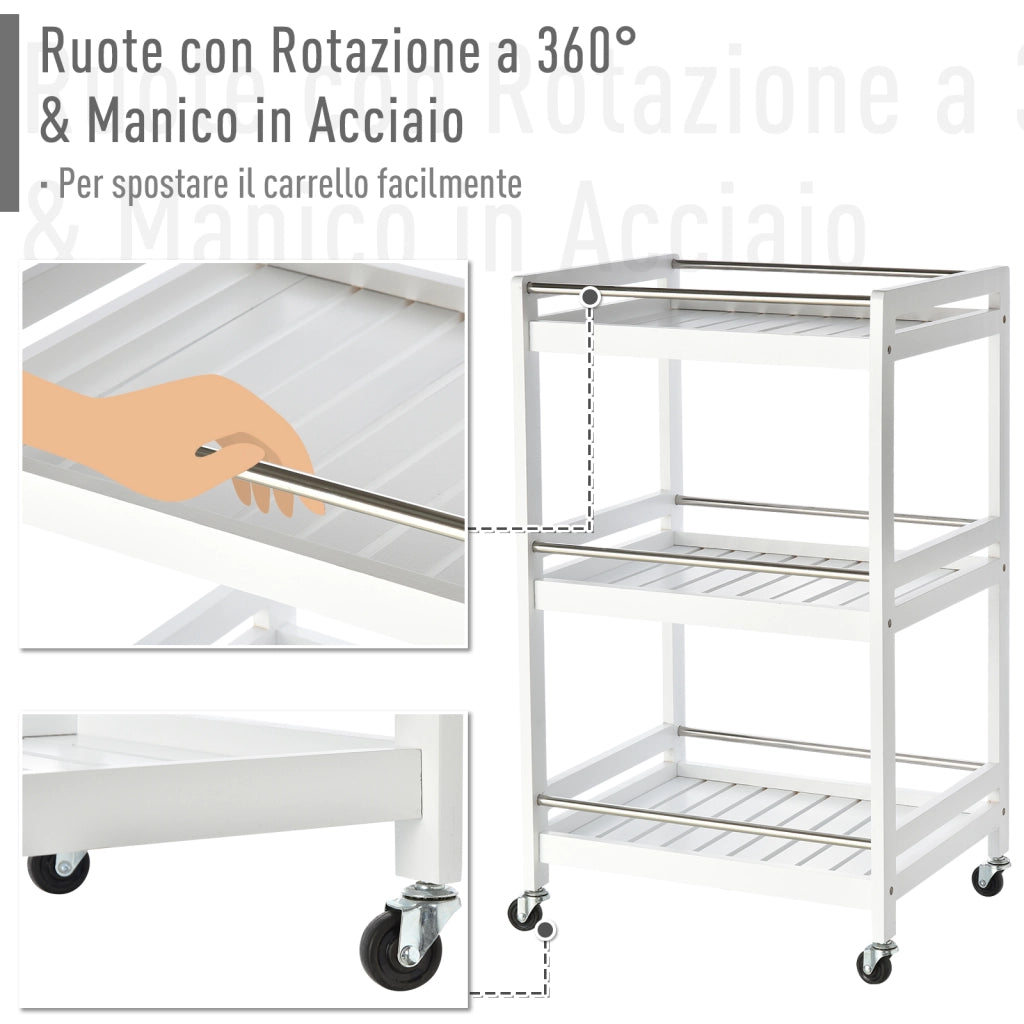 Carrello da Cucina Portavivande in Legno con 3 Ripiani ¨C Minimal ¨C 45x38x78cm, Bianco