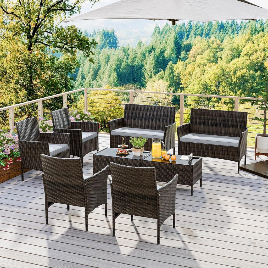 Salotto da Giardino Esterno 4 Pezzi, Set Giardino Esterno con Divanetto, 2 Poltrone e Tavolino da Caffè in Vetro Temperato, Salotto da Patio con Cuscini per Balcone, Veranda (Marrone+Grigio)