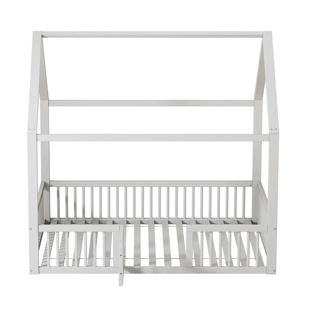 Letto a casetta 140x200 cm con sbarre di sicurezza; legno; bianco